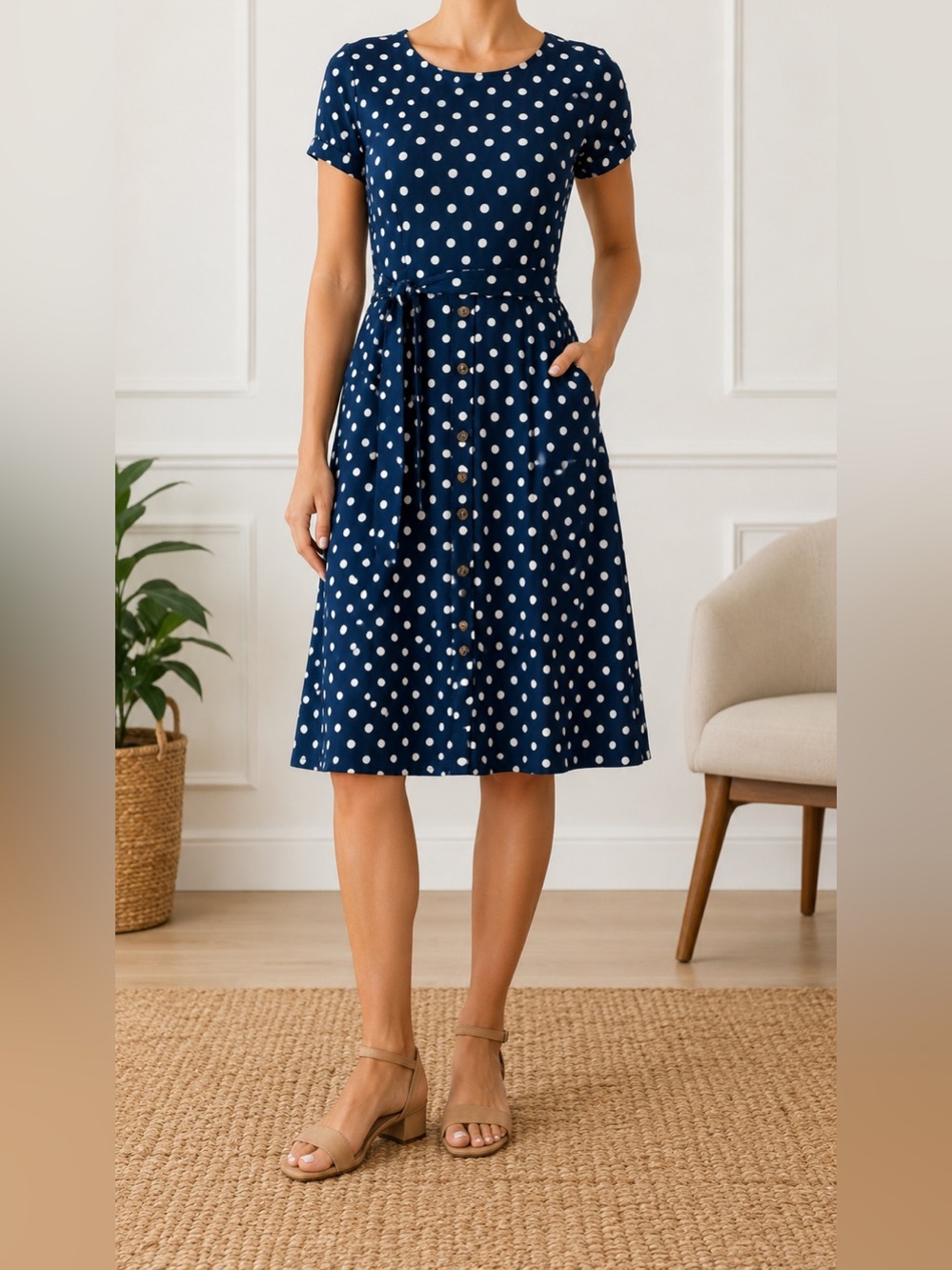 J. Jill Wearever Blue Polka Dot Fit & Flare Dress Medium Belted Stretch Knit